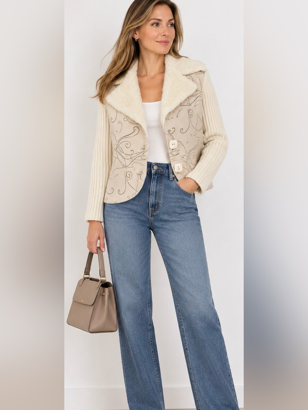 Crazy Wool Made in Italy 80% Wool Cream Jacket Faux Fur Collar size M